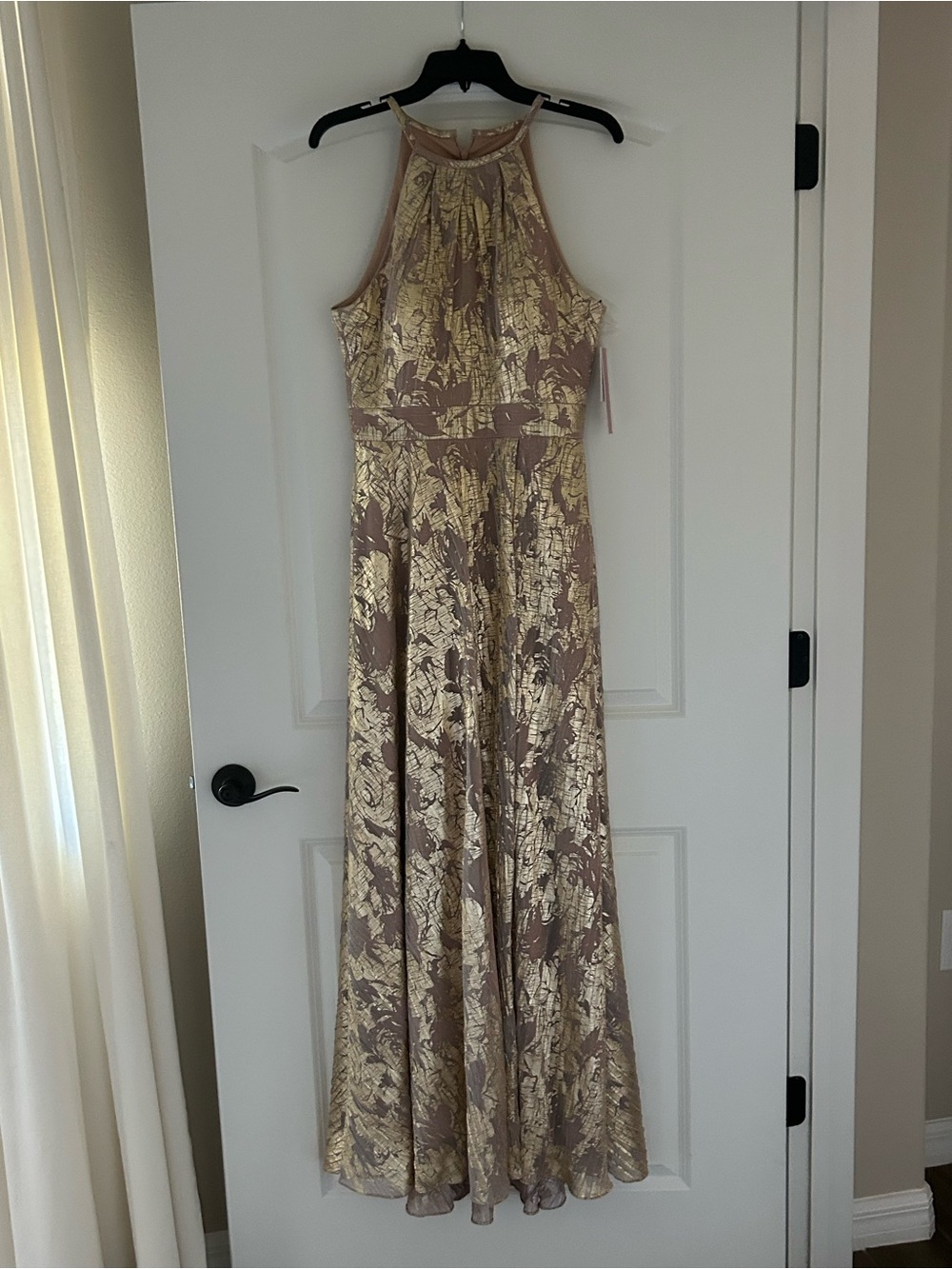 NEW PRICE!!!  STUNNING BLUSH PINK HALTER GOWN WITH GOLD METALLIC FOIL PRINT- NWT